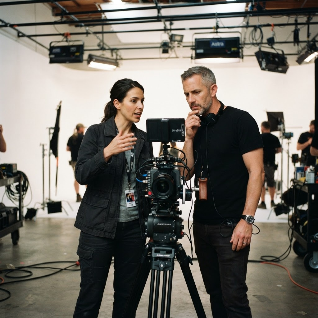 Chelsea Marine and Karl Birchley reviewing a shot on a camera monitor on set at Check It Studio