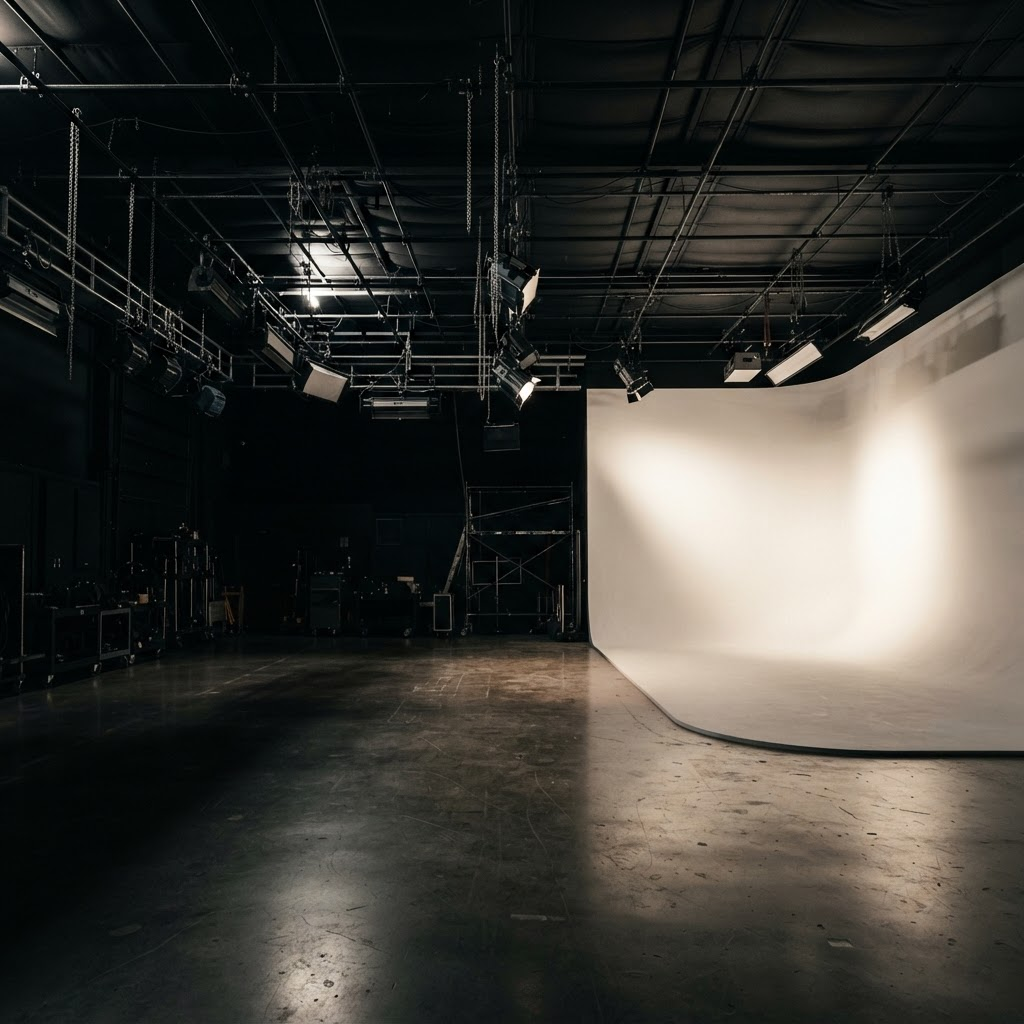 Empty production studio with a lit seamless white cyclorama wall and a black rigged lighting grid overhead