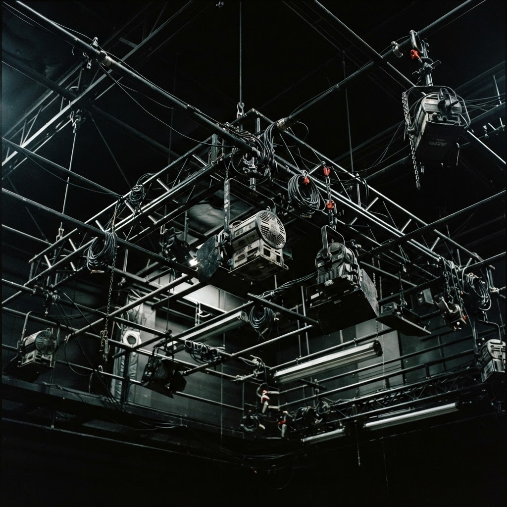 Rigged black steel lighting grid overhead in the Check It Studio production space